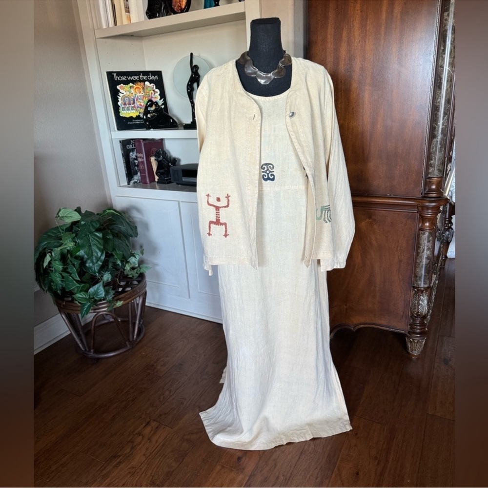 Vintage Blue Cactus 2 Piece Set Linen Maxi‎ Dress